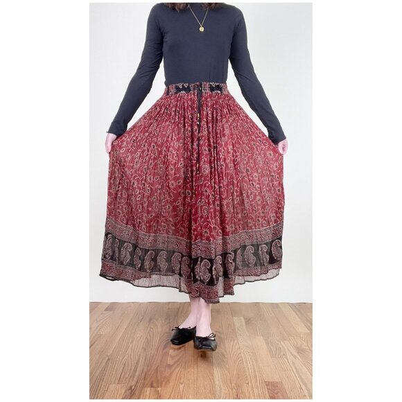 Vintage Boho Maxi Midi Skirt Floral Pleated High Low Rise Hippie Bohemian Flowy - Picture 5 of 9
